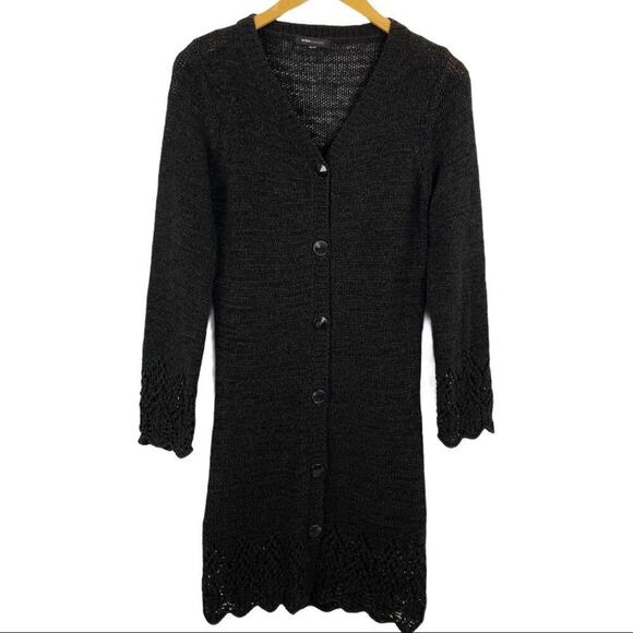 BCBGMaxazria Crochet Knit Brown Long Cardigan Large Scalloped Hem - Picture 1 of 16
